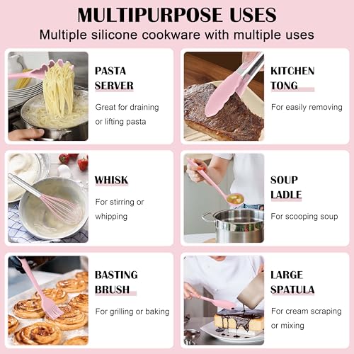 HaWare Kitchen Utensils, 14 PCS Silicone Cooking Utensils Set, Heat Resistant Kitchen Utensils for Non-stick Cookware, Kitchen Gadgets Tools with Spoons, Spatulas, Whisk, Dishwasher Safe (Pink) - color: Pink