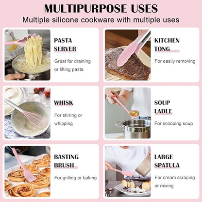 HaWare Kitchen Utensils, 14 PCS Silicone Cooking Utensils Set, Heat Resistant Kitchen Utensils for Non-stick Cookware, Kitchen Gadgets Tools with Spoons, Spatulas, Whisk, Dishwasher Safe (Pink) - color: Pink