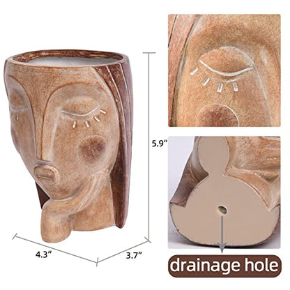 Saysmile Head Planters for Indoor Plants, Face Flower Pot Head Planter Succulent Planters Unique Face Planter with Drainage Hole - Rustic Thinking Girl Closed Eyes - color: Thinking - Rustic