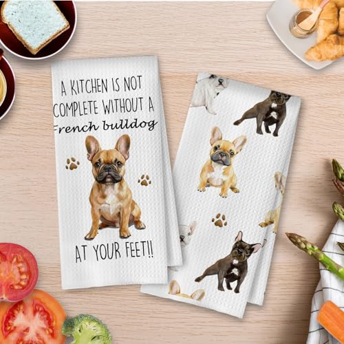 French Bulldog Kitchen Towels 16x24 Inch, French Bulldog Gifts Decorative Waffle Weave Dish Towels, Frenchie Mom Gift Hand Tea Towel, Set of 2 - color: French Bulldog