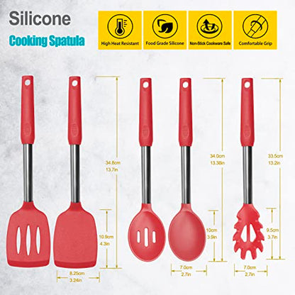 Silicone Spatula and Cooking Spoon,5 Pack Non-Stick Cooking Utensils for Kitchen，Heat Resistant Solid & Slotted Spoons and Spatulas, Stainless Steel Handle Coated with Silicone,Red - color: Red