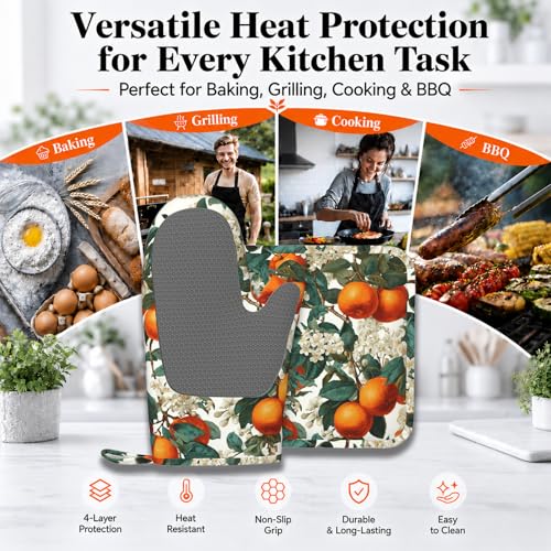 Oranges Leaves Oven Mitts and Pot Holders Sets White Flowers Silicone Heat Resistant Kitchen Oven Gloves Pot Holder for Cooking Baking Grilling BBQ - color: Oranges Leaves