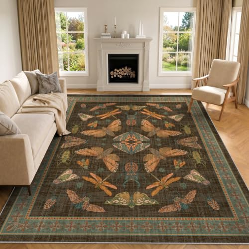 Arenarug Area Rug 8x10 Non Slip Washable Rug Insect Boho Soft Distressed Vintage Lightweight Low Pile Carpet for Living Room, Bedroom, Dining Room, Kitchen, Office, Brown - color: Brown, size: 8'x10'
