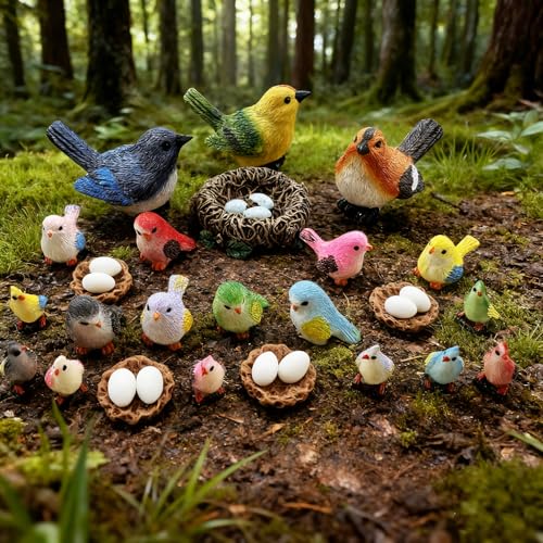 32 Pcs Bird Decorative Figurines Miniature Bird Nest Egg Figurines Cake Topper for Fairy Garden Moss Micro Landscape Home Decoration