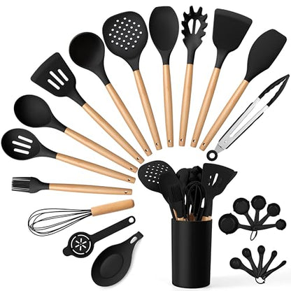 E-far Black Kitchen Utensils Set with Holder, 25-Piece Silicone Cooking Utensil Set with Wooden Handle for Nonstick Cookware, 446°F Heat Resistant Kitchen Tool Spatula Tongs Whisk, Non-toxic & Healthy - color: Black, size: 25