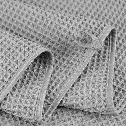POLYTE 430 GSM Poly Blend Microfiber Quick Dry Waffle Bath Towel Set of 6 | 2-Body Towels, 2-Hand Towels, 2-Wash cloths, Oversize, Lint Free - color: Light Gray