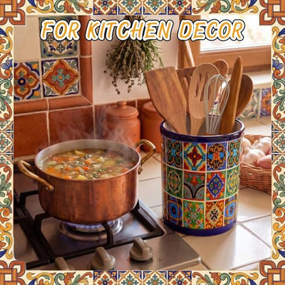 LemonRoad 6.7" H Talavera Utensil Holder for Kitchen Counter Mexican Pottery Ceramic Cooking Utensil Crock Modern Farmhouse Countertop Organizer for Spatula Ladle Kitchen Counter Decor - style: Talavera