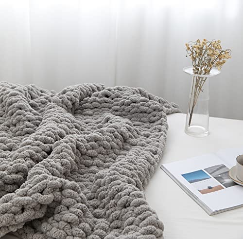 Chunky Knit Blanket Soft Chenille Yarn Knitted Throw Blanket 50"X60" Handmade Cable Warm Thick Giant Blanket for Couch Bed Trips (Light Grey, Throw 50"X60") - color: Light Grey, size: Throw 50"X60"