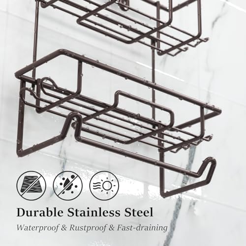 Shower Caddy Hanging over Shower Head Rust Roof Shower Organizer with 10 Hooks for Razor Shampoo Holder Bathroom Shower Rack Storage Shelf with Towel Bar – Bronze