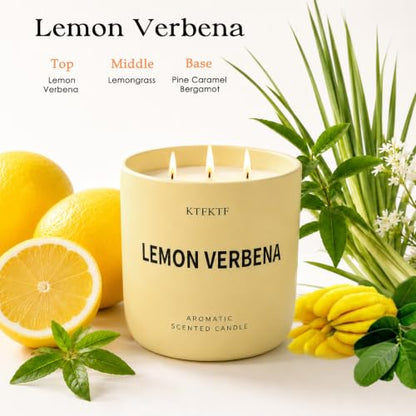 Lemon Verbena Candle, 14.1oz Large 3-Wick Soy Wax Candle, Up to 80 Hours Burn Time, Non-Toxic Aromatherapy Jar Candle with Essential Oils, Citrus Scented Candle for Home