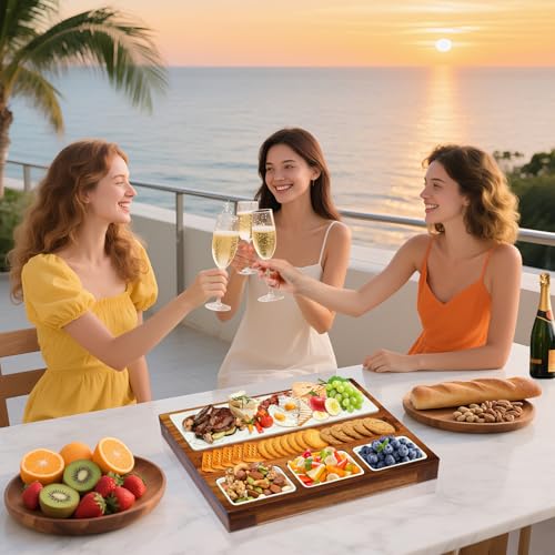 Charcuterie Board Set Premium Large Acacia Wood Cheese Platter with Reusable Bowls, Cheese Knives and Forks - Housewarming, Wedding, Bridal Shower, Birthday Gifts - size: Large 16" Cheese Board