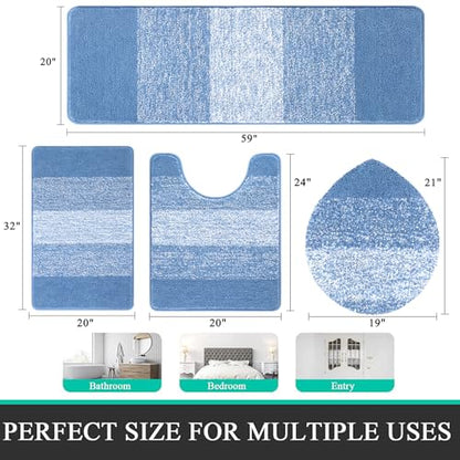 Bsmathom Bathroom Rug Set 4 Piece, Plush Microfiber Bath Mat, Blue | Extra Water Absorbent, Non Slip Washable Runner Bath Rugs with Toilet Lid Cover and U-shaped Contour Toilet Mat - color: Blue, size: 20"x31"+20"x59"+U20"x24"+Cover19"x21"