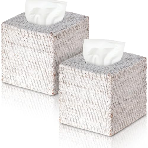 2 Pcs Square Rattan Tissue Box Cover Boho Wicker Tissue Cube Box Cover 5.5'' x 5.5'' x 5.5'' Decorative Natural Wicker Hand Woven Napkin Box Holder Bathroom Office Car Accessories (White) - color: White