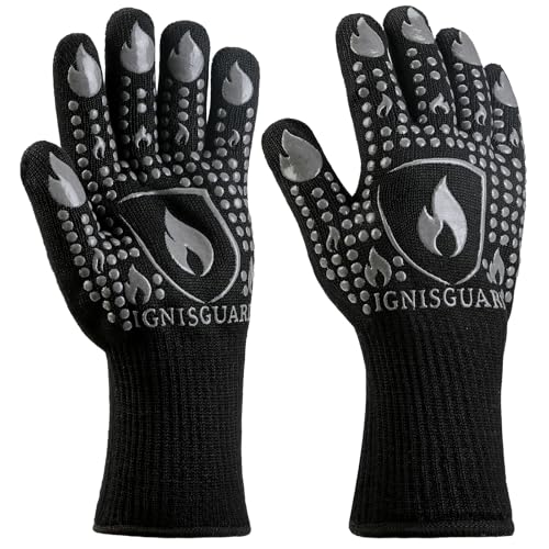 IGNISGUARD® BBQ Gloves, Heat Resistant Grill Gloves, 1 Pair, Gray (L) | EN407:2020 tested with textured silicone grip, three-layer construction and long knit cuff for added wrist coverage. - color: Gray, size: Large