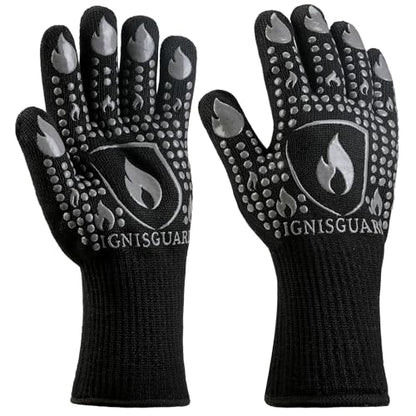 IGNISGUARD® BBQ Gloves, Heat Resistant Grill Gloves, 1 Pair, Gray (L) | EN407:2020 tested with textured silicone grip, three-layer construction and long knit cuff for added wrist coverage. - color: Gray, size: Large