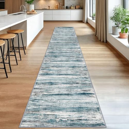 KOZYFLY Modern Abstract Hallway Runner Rug, 2.6x16 Washable Rug Runner Non-Slip Soft Striped Kitchen Runner Rugs, Print Blue Carpet Runner for Stair Entryway Bathroom Laundry Room Foyer - color: Blue, size: 2'8" x 16' (Runner)