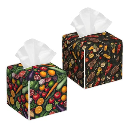 Vegetables 2 Pcs Tissue Box Cover Square, Spring Fruit BBQ Tissue Box Holder Waterproof Leather Facial Paper Organizer Dispenser for Bathroom Home Car Nightstand - color: Vegetables