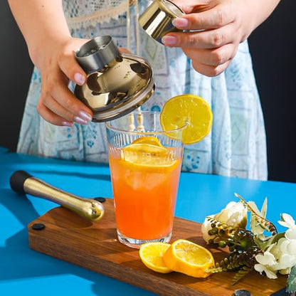 Glass Cocktail Shaker, 17oz Leak-Proof Martini Shaker with Built-in Strainer, Thick Ribbed Drink Shaker Bar Tool for Home Bartending and Aesthetics, Gold - color: Gold