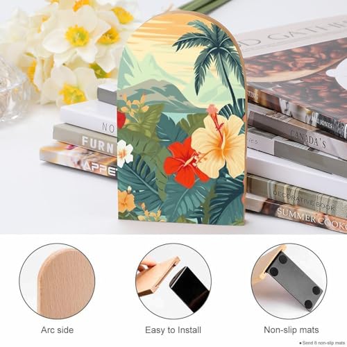 Summer Hawaiian Book Ends for Shelves - 2 Pack Handmade Wooden Bookends with Metal Base, Sturdy Book Holder for Heavy Books Modern Decorative Book Stopper for Home Office