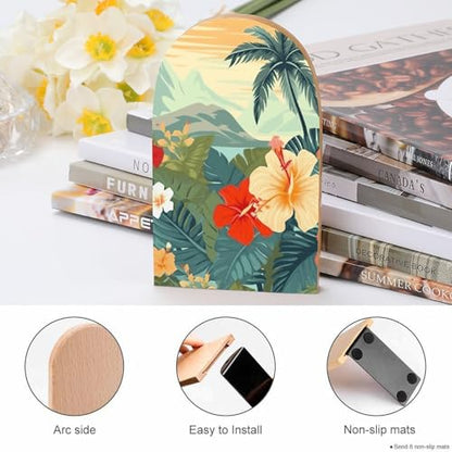 Summer Hawaiian Book Ends for Shelves - 2 Pack Handmade Wooden Bookends with Metal Base, Sturdy Book Holder for Heavy Books Modern Decorative Book Stopper for Home Office