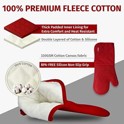 Klex Extra Long Silicone Oven Mitts and Pot Holders, 932°F Degrees Heat Resistance with Quilted Liner Oven Gloves and Hot Pads, 4 Piece Set, 15 inch, Red