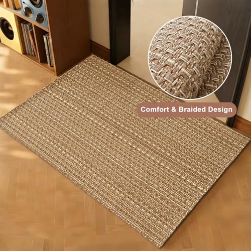 Tan Brown Boho Braided Entryway Rug 2x3 ft,Solid Indoor Small Area Doormat | Neutral solid braided mat suitable for front porch,bathroom,kitchen and bedroom indoor daily use - size: 2'x3'(Rectangular)
