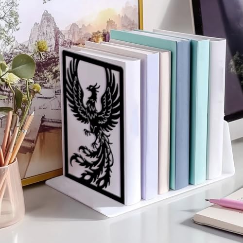 5.3"x4.3"x7.9" Metal Bookends, Heavy Duty Book Ends for Shelves | Phoenix Theme Cast Iron Book Supports, 1 Pair Decor Stoppers for Desk, Library, Office & Home Shelves - style: Phoenix