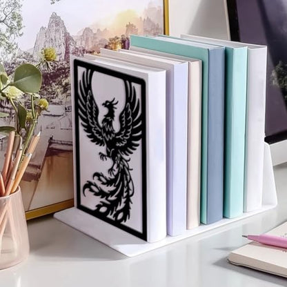 5.3"x4.3"x7.9" Metal Bookends, Heavy Duty Book Ends for Shelves | Phoenix Theme Cast Iron Book Supports, 1 Pair Decor Stoppers for Desk, Library, Office & Home Shelves - style: Phoenix