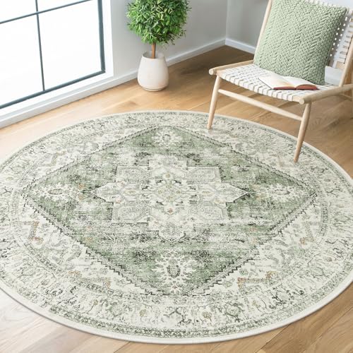 LIVEBOX Medallion Round Area Rug 5ft, Vintage Washable Sage Green Circle Rug for Bedroom, Low-Pile Soft Round Carpet for Living Room, Ideal for High Traffic Areas in Entryway - color: Medallion Sage, size: 5' (Round)
