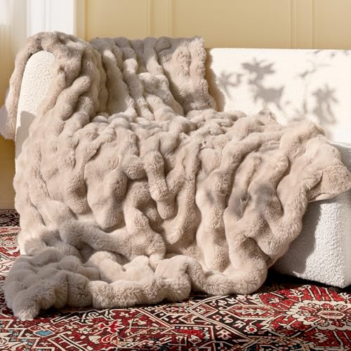 Ultra Soft Cozy Faux Fur Throw Blanket, Fuzzy Plush Thick Bubble Blanket, Oversize Luxury Fluffy Blanket for Couch, Sofa, Bedroom, and Living Room, 50x60 Inches, Light Brown - color: Bubble Light Brown, size: Throw