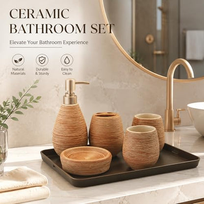 Bathroom Ceramic Accessories Set, 6 Piece Bathroom Set with Including Soap Dispenser Mouthwash Cup Soap Dish Toothbrush Holder Tray (Brown)