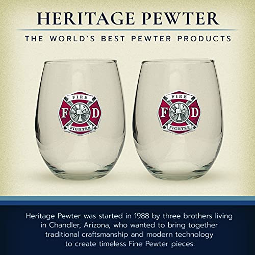 Heritage Pewter Firefighter Stemless Glass Goblets – Set of 2 | 15 OZ Goblet Wine Glasses | Expertly Crafted Pewter Glass - style: FIREFIGHTER RED