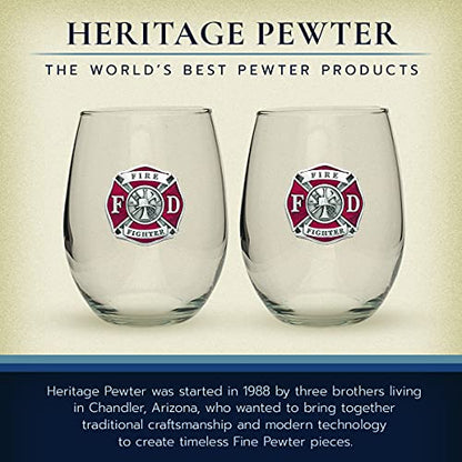 Heritage Pewter Firefighter Stemless Glass Goblets – Set of 2 | 15 OZ Goblet Wine Glasses | Expertly Crafted Pewter Glass - style: FIREFIGHTER RED