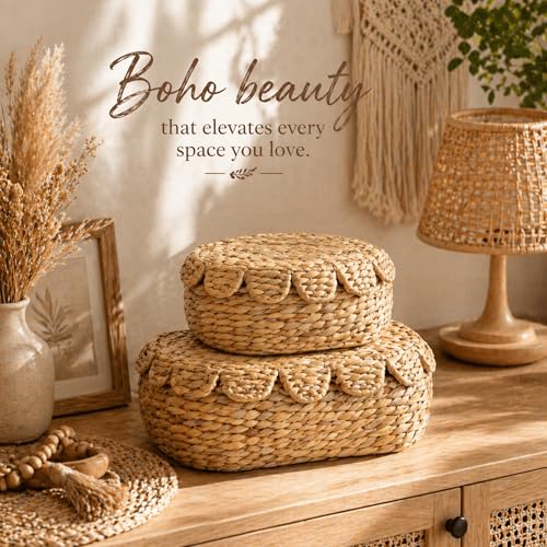 LUSYDECO Set of 2 Wicker Storage Baskets with Lid, Rattan Basket Decorative Boxes, Woven Storage Box Hyacinth Basket with Lids, Small Scalloped Edge Wicker Baskets with Lids
