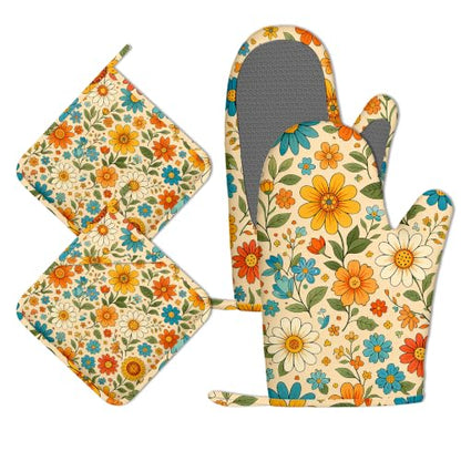 Retro 70s Boho Floral Oven Mitts and Pot Holders Sets of 4, Heat Resistant Silicone Oven Mitts Gloves Non-Slip Kitchen Mittens Potholders for Cooking Baking Grilling BBQ - color: Boho Floral