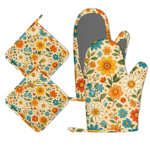 Retro 70s Boho Floral Oven Mitts and Pot Holders Sets of 4, Heat Resistant Silicone Oven Mitts Gloves Non-Slip Kitchen Mittens Potholders for Cooking Baking Grilling BBQ - color: Boho Floral