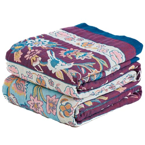 Purple Floral Rustic Boho Blanket for Bed Gift for Mom 50"×60" | 4-Layer Gauze Breathable Reversible Muslin Blanket,Soft Lightweight All Season Quilt for Sofa Travel Gift,Multiple Uses - color: Floral Slumber, size: 50"x60"