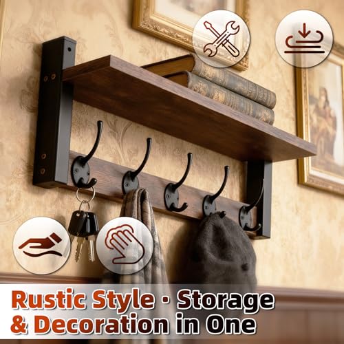 Wall Mounted Coat Hook with Shelf, 17 Inch | Entryway Key Holder, Mail Organizer, For Living Room Bedroom Kitchen Laundry Room