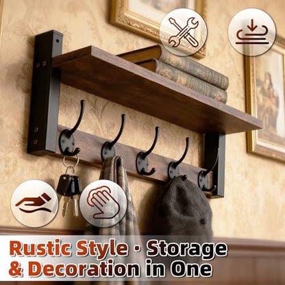 Wall Mounted Coat Hook with Shelf, 17 Inch | Entryway Key Holder, Mail Organizer, For Living Room Bedroom Kitchen Laundry Room