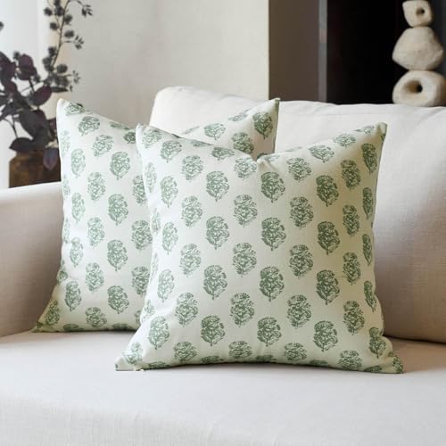 DOMVITUS Set of 2 Floral Pillow Covers 20x20, Block Print Pillow Covers Vintage Neutral Decorative Farmhouse Throw Pillow Covers for Couch Bed Living Room Sage Green - color: Sage Green, size: 20" x 20" (Pack of 2)