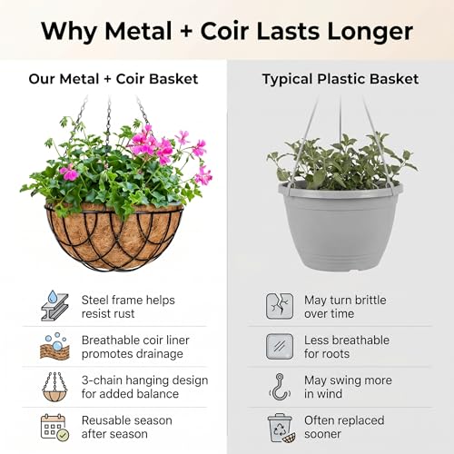 Kingbuy 10 Inch Metal Hanging Planter Basket with Coconut Fiber Liner Round Wire Hanging Plant Flower Pot for Home Garden Patio Decoration, Grid Pattern, 2 Pack - size: 10 Inch, style: Grid