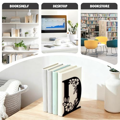 5.3"x4.3"x7.1" Metal Bookends, Heavy Duty Book Ends for Shelves | Letter D with Flowers Theme Cast Iron Book Supports, 1 Pair Decor Stoppers for Desk, Library, Office & Home Shelves - style: Letter D with Flower