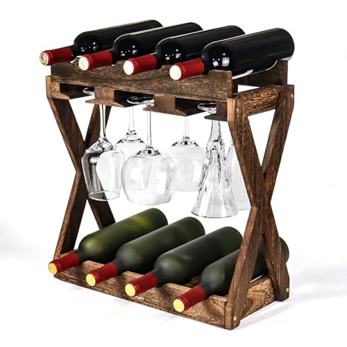 3-in-1 Countertop Wine Rack with Glass Holder | Store 8 Bottles, 6 Stemware Glasses and Wine Tools, Durable Wooden Wine Bottle Holder, Elegant Home Decor