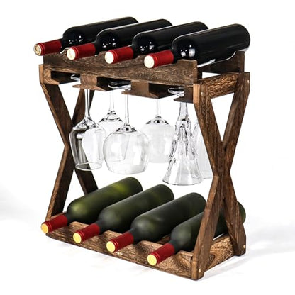 3-in-1 Countertop Wine Rack with Glass Holder | Store 8 Bottles, 6 Stemware Glasses and Wine Tools, Durable Wooden Wine Bottle Holder, Elegant Home Decor