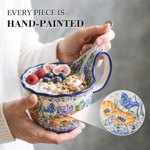 ALMA 16oz Soup Bowl with Large Handle,Microwave Safe, Gift for Women | Handpainted,Oven Safe,Perfect for larger servings of cappuccino,Love Slow Morning Coffee Rituals,BPA-free & lead-free glaze - color: Meadow Elegy