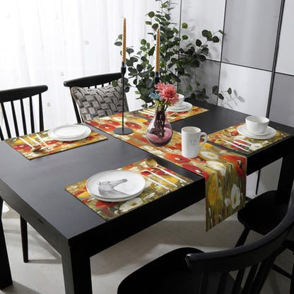 Table Runner and Placemats Set of 6 White Red Flower Leaf Decorative Dining Table Runner with Matching Placemats Plant Oil Painting Table Decor for Kitchen Dining Room and Everyday Use 13x90in - size: 13"x90"+6pcs