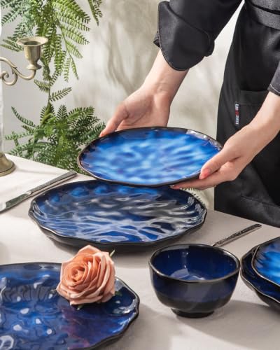 4-piece set, ceramic, natural active glaze plate and bowl set, microwave and dishwasher compatible tableware set, shatterproof and scratch resistant dinner set, irregular edge design, blue - color: style - 4