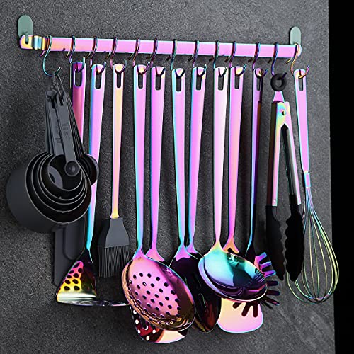 Rainbow Cooking Utensils Set, Kyraton Stainless Steel 37 Pieces Kitchen Utensils Set with Titanium Colorful Plating, Kitchen Tool Gadgets Set with Utensil Rack Heat Resistant Dishwasher Safe - color: 3.37 piece rainbow set