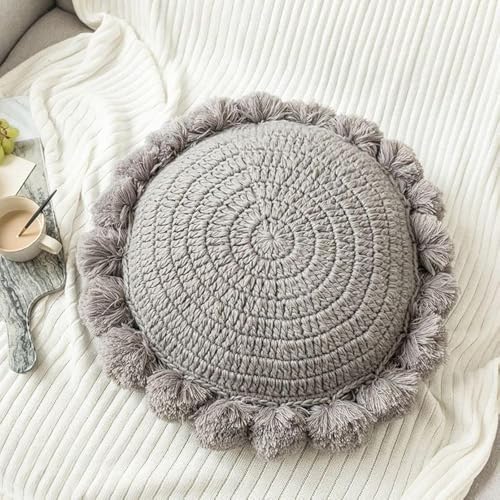 Knitted Throw Pillow Round Couch Pillow Sofa Cute Cushion Handmade Pompoms Decorative Plush Pillow (Grey, Diameter 18inches) - color: Grey