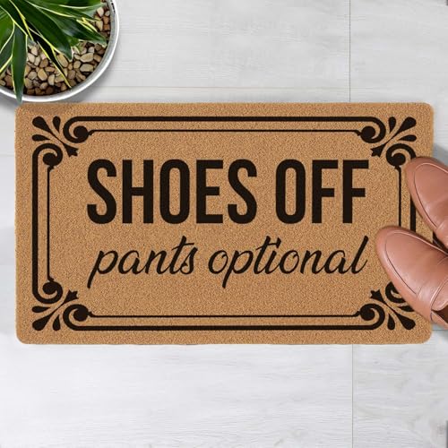 Welcome Door Mat Shoes Off Pants Optional Outdoor Indoor Entrance, Low-Profile Floor Mats Non Slip Durable Entrance Rugs for Entry, Patio, High Traffic Areas Front Door, 17" x 29.5" - color: Shoes Off Pants Optional